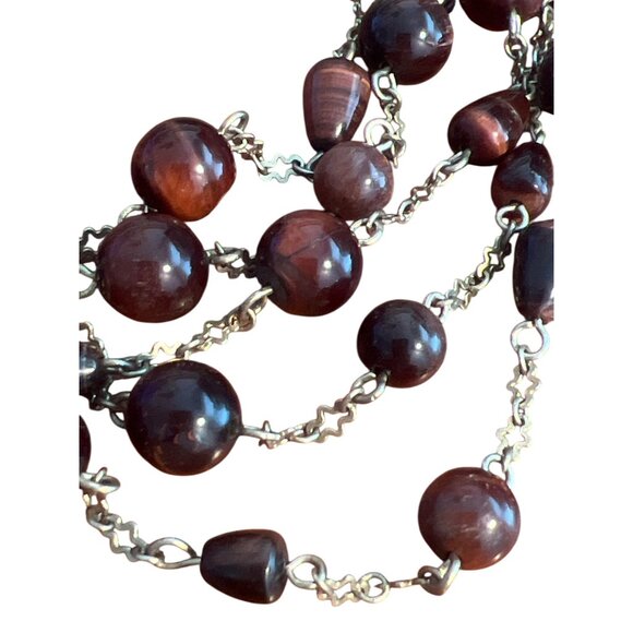 Vintage Multi Strand Beaded Necklace Brown Red Cat Eye Beads Gold Tone Estate - Picture 2 of 4